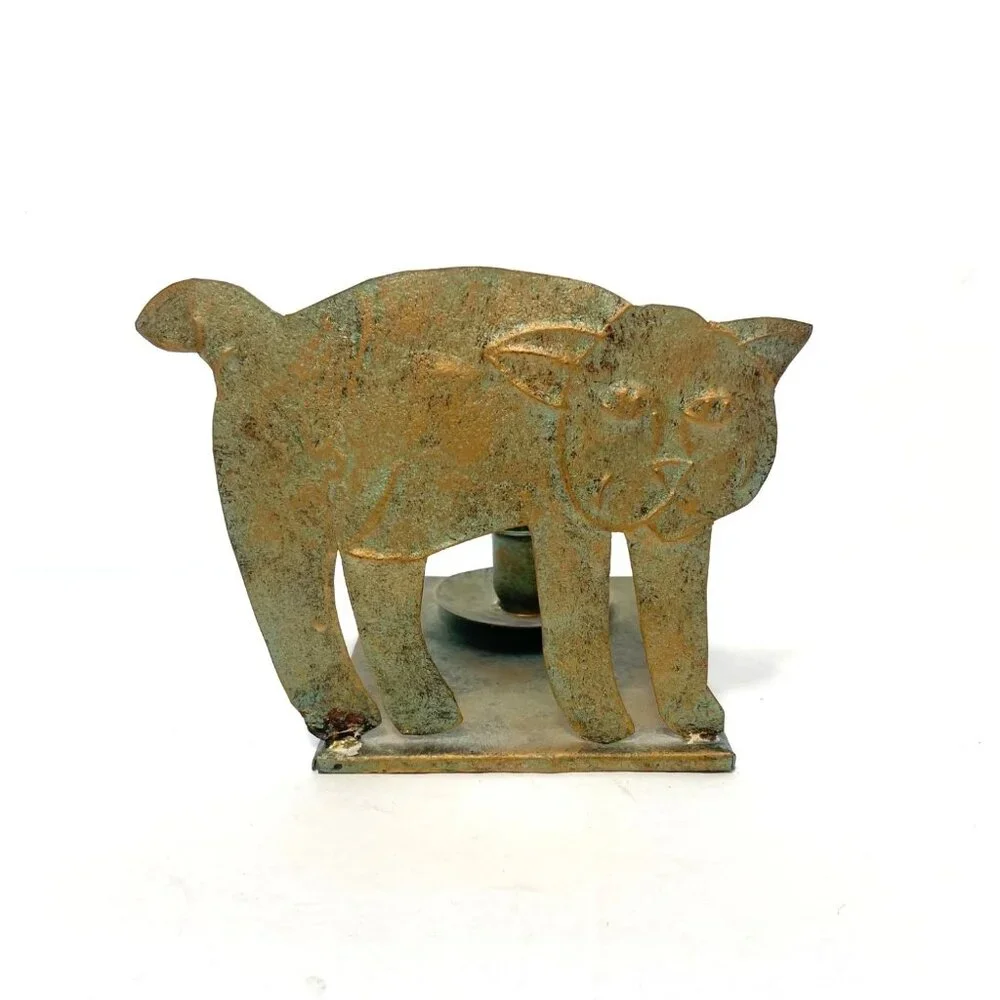 Cat Shaped Copper Brass Candle Holder Patina Taper Candles